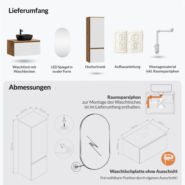 Ensemble de meubles de salle de bains ARISA avec armoire haute blanche - Avec miroir à LED et lavabo à poser en céramique noire de 42 cm