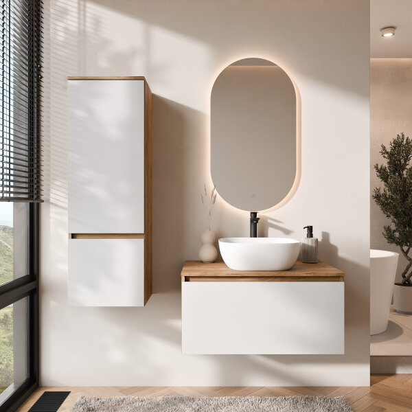 ARISA Badmöbel Set inkl. Hochschrank in Weiß - Mit LED Spiegel und weißem Keramik-Aufsatzwaschbecken 42 cm