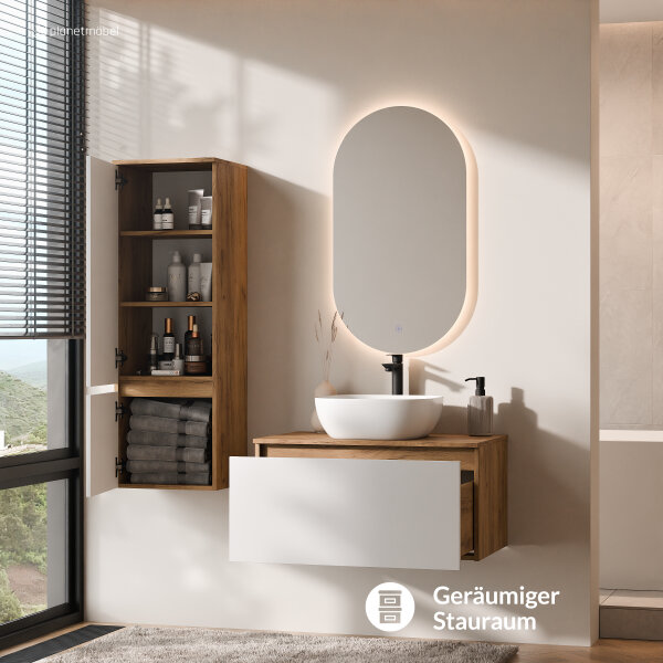 ARISA Badmöbel Set inkl. Hochschrank in Weiß - Mit LED Spiegel und weißem Keramik-Aufsatzwaschbecken 42 cm