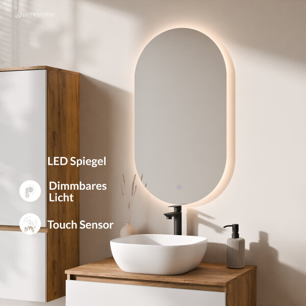 ARISA Badmöbel Set inkl. Hochschrank in Weiß - Mit LED Spiegel und weißem Keramik-Aufsatzwaschbecken 42 cm