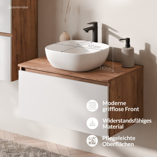 ARISA Badmöbel Set inkl. Hochschrank in Weiß - Mit LED Spiegel und weißem Keramik-Aufsatzwaschbecken 42 cm