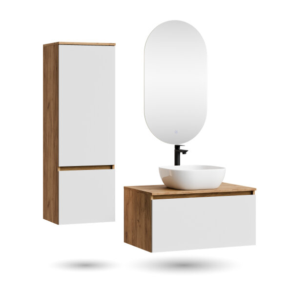 ARISA Badmöbel Set inkl. Hochschrank in Weiß - Mit LED Spiegel und weißem Keramik-Aufsatzwaschbecken 42 cm