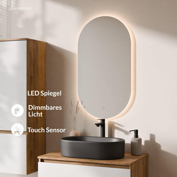 ARISA Badmöbel Set inkl. Hochschrank in Weiß - Mit LED Spiegel und schwarzem Keramik-Aufsatzwaschbecken 55 cm