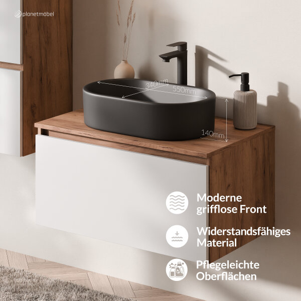 ARISA Badmöbel Set inkl. Hochschrank in Weiß - Mit LED Spiegel und schwarzem Keramik-Aufsatzwaschbecken 55 cm