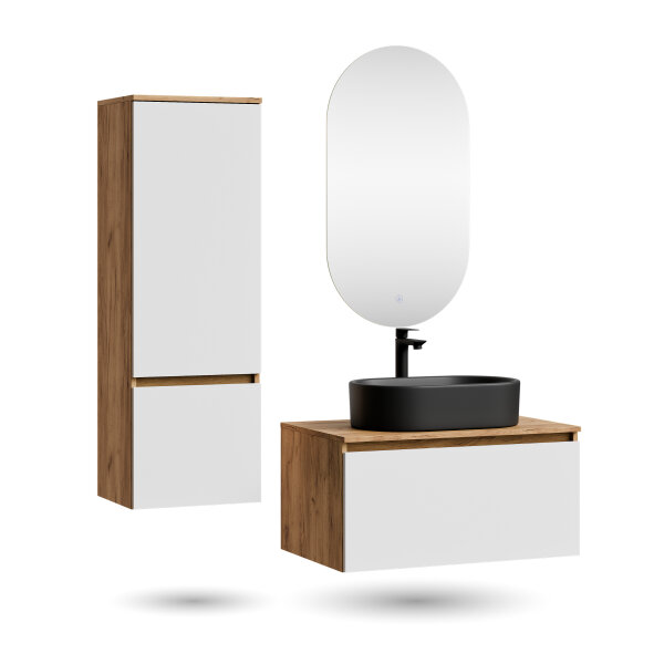 ARISA Badmöbel Set inkl. Hochschrank in Weiß - Mit LED Spiegel und schwarzem Keramik-Aufsatzwaschbecken 55 cm