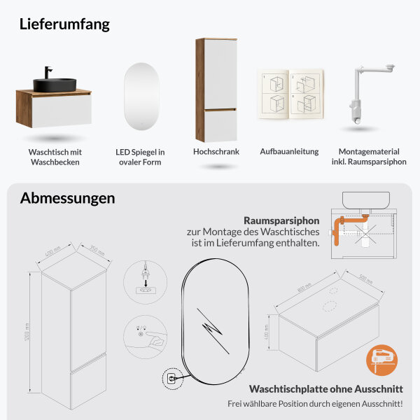 ARISA Badmöbel Set inkl. Hochschrank in Weiß - Mit LED Spiegel und schwarzem Keramik-Aufsatzwaschbecken 55 cm
