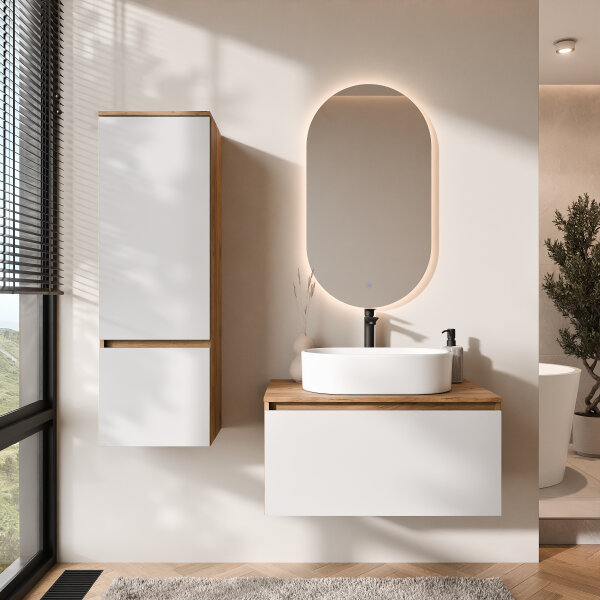 ARISA Badmöbel Set inkl. Hochschrank in Weiß - Mit LED Spiegel und weißem Keramik-Aufsatzwaschbecken 55 cm