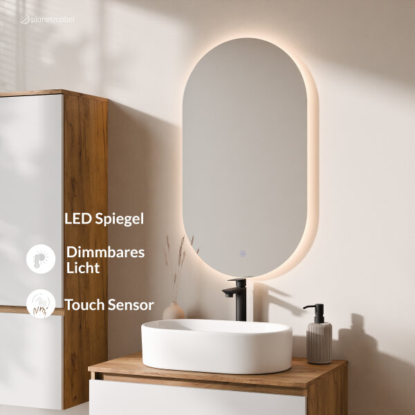 ARISA Badmöbel Set inkl. Hochschrank in Weiß - Mit LED Spiegel und weißem Keramik-Aufsatzwaschbecken 55 cm