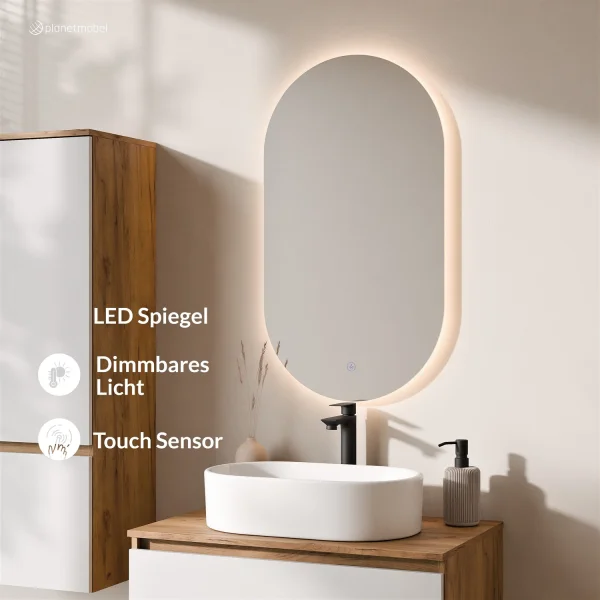 Ensemble de meubles de salle de bains ARISA avec armoire haute blanche - Avec miroir à LED et lavabo à poser en céramique blanche de 55 cm