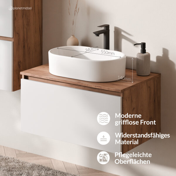 ARISA Badmöbel Set inkl. Hochschrank in Weiß - Mit LED Spiegel und weißem Keramik-Aufsatzwaschbecken 55 cm