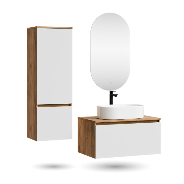 ARISA Badmöbel Set inkl. Hochschrank in Weiß - Mit LED Spiegel und weißem Keramik-Aufsatzwaschbecken 55 cm