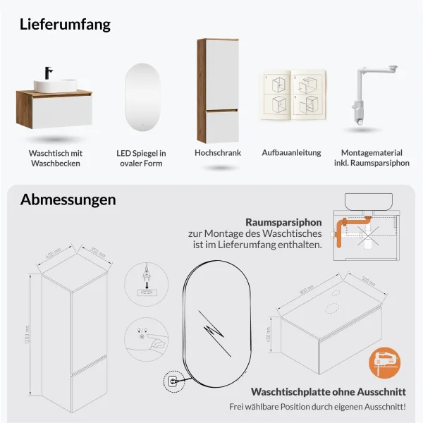 Ensemble de meubles de salle de bains ARISA avec armoire haute blanche - Avec miroir à LED et lavabo à poser en céramique blanche de 55 cm