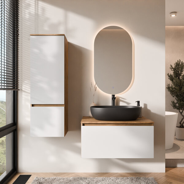 ARISA Badmöbel Set inkl. Hochschrank in Weiß - Mit LED Spiegel und schwarzem Keramik-Aufsatzwaschbecken 60 cm