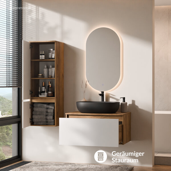 ARISA Badmöbel Set inkl. Hochschrank in Weiß - Mit LED Spiegel und schwarzem Keramik-Aufsatzwaschbecken 60 cm