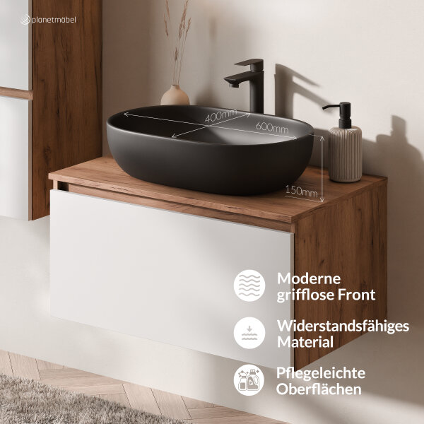 ARISA Badmöbel Set inkl. Hochschrank in Weiß - Mit LED Spiegel und schwarzem Keramik-Aufsatzwaschbecken 60 cm