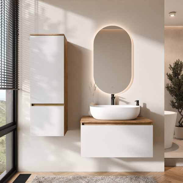 ARISA Badmöbel Set inkl. Hochschrank in Weiß - Mit LED Spiegel und weißem Keramik-Aufsatzwaschbecken 60 cm