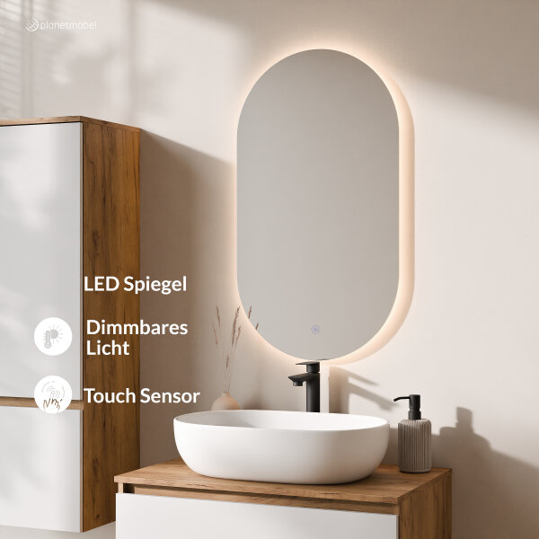 ARISA Badmöbel Set inkl. Hochschrank in Weiß - Mit LED Spiegel und weißem Keramik-Aufsatzwaschbecken 60 cm