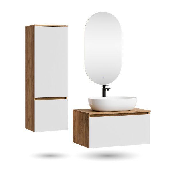 ARISA Badmöbel Set inkl. Hochschrank in Weiß - Mit LED Spiegel und weißem Keramik-Aufsatzwaschbecken 60 cm