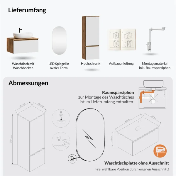 Ensemble de meubles de salle de bains ARISA avec armoire haute blanche - Avec miroir à LED et lavabo à poser en céramique blanche de 60 cm