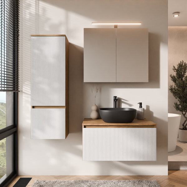 ARISA Badmöbel Set inkl. Hochschrank in Weiß Geriffelt - Mit Spiegelschrank "ARIA" und schwarzem Keramik-Aufsatzwaschbecken 42 cm
