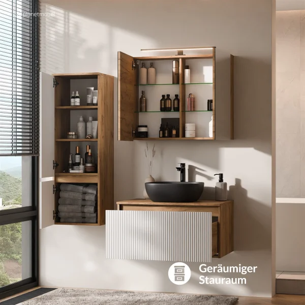 ARISA Badmöbel Set inkl. Hochschrank in Weiß Geriffelt - Mit Spiegelschrank "ARIA" und schwarzem Keramik-Aufsatzwaschbecken 42 cm