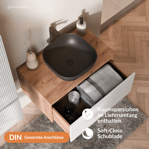 ARISA Badmöbel Set inkl. Hochschrank in Weiß Geriffelt - Mit Spiegelschrank "ARIA" und schwarzem Keramik-Aufsatzwaschbecken 42 cm