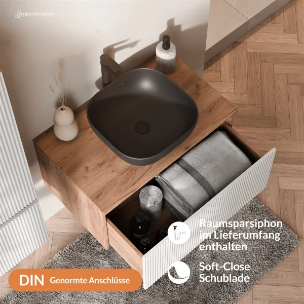 ARISA Badmöbel Set inkl. Hochschrank in Weiß Geriffelt - Mit Spiegelschrank "ARIA" und schwarzem Keramik-Aufsatzwaschbecken 42 cm