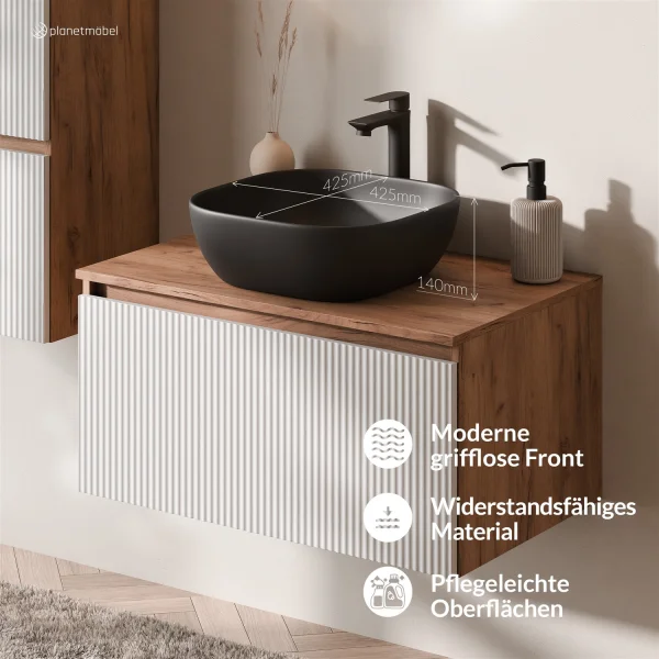 ARISA Badmöbel Set inkl. Hochschrank in Weiß Geriffelt - Mit Spiegelschrank "ARIA" und schwarzem Keramik-Aufsatzwaschbecken 42 cm