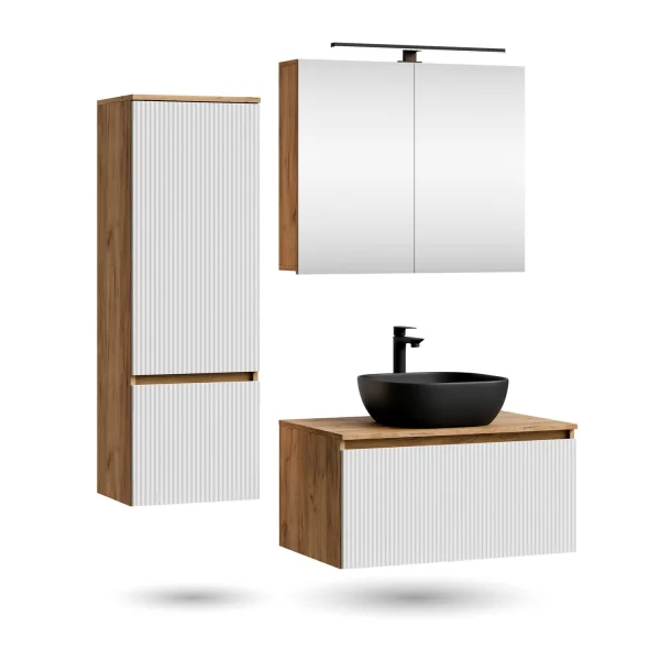 ARISA Badmöbel Set inkl. Hochschrank in Weiß Geriffelt - Mit Spiegelschrank "ARIA" und schwarzem Keramik-Aufsatzwaschbecken 42 cm