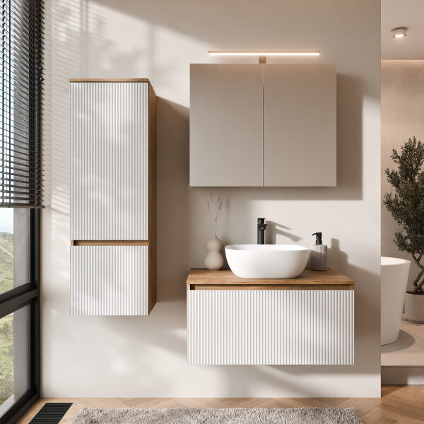 ARISA Badmöbel Set inkl. Hochschrank in Weiß Geriffelt - Mit Spiegelschrank "ARIA" und weißem Keramik-Aufsatzwaschbecken 42 cm