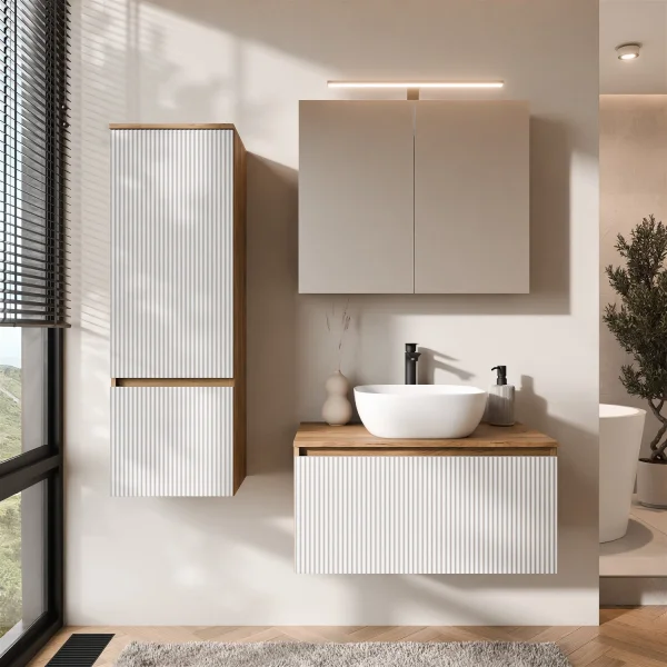 ARISA Badmöbel Set inkl. Hochschrank in Weiß Geriffelt - Mit Spiegelschrank "ARIA" und weißem Keramik-Aufsatzwaschbecken 42 cm
