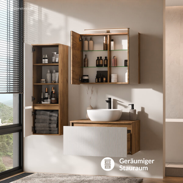 ARISA Badmöbel Set inkl. Hochschrank in Weiß Geriffelt - Mit Spiegelschrank "ARIA" und weißem Keramik-Aufsatzwaschbecken 42 cm