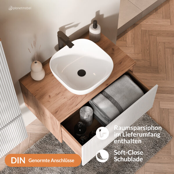 ARISA Badmöbel Set inkl. Hochschrank in Weiß Geriffelt - Mit Spiegelschrank "ARIA" und weißem Keramik-Aufsatzwaschbecken 42 cm