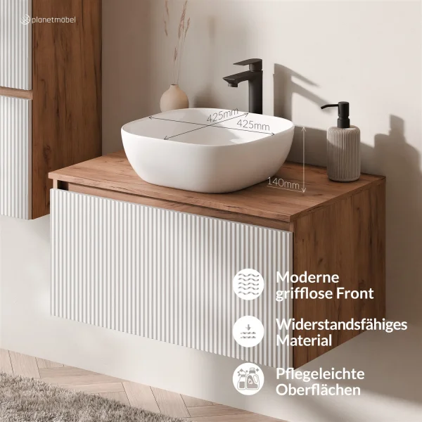 ARISA Badmöbel Set inkl. Hochschrank in Weiß Geriffelt - Mit Spiegelschrank "ARIA" und weißem Keramik-Aufsatzwaschbecken 42 cm