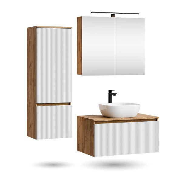 ARISA Badmöbel Set inkl. Hochschrank in Weiß Geriffelt - Mit Spiegelschrank "ARIA" und weißem Keramik-Aufsatzwaschbecken 42 cm