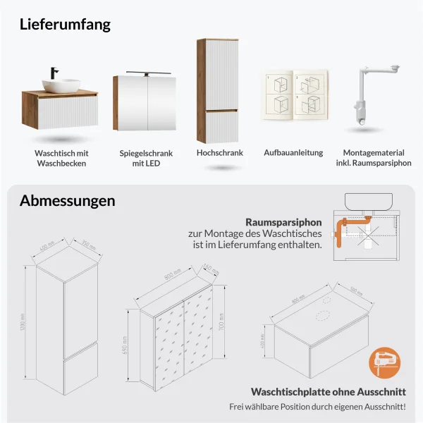 ARISA Badmöbel Set inkl. Hochschrank in Weiß Geriffelt - Mit Spiegelschrank "ARIA" und weißem Keramik-Aufsatzwaschbecken 42 cm