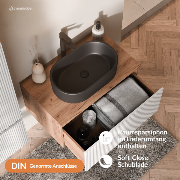 ARISA Badmöbel Set inkl. Hochschrank in Weiß Geriffelt - Mit Spiegelschrank "ARIA" und schwarzem Keramik-Aufsatzwaschbecken 55 cm