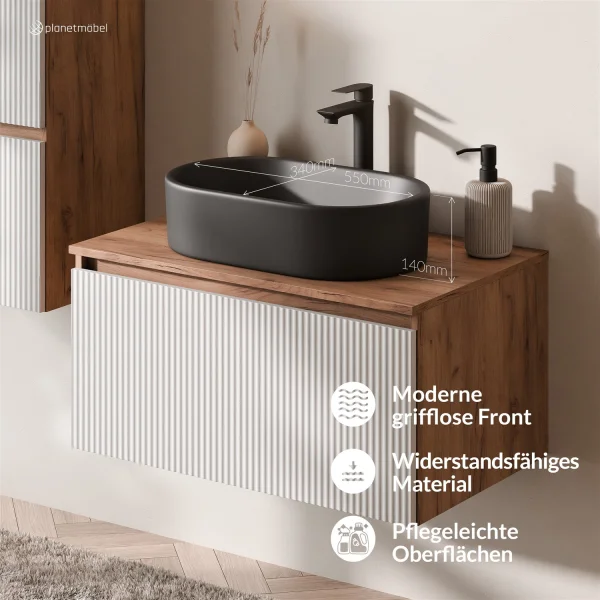 ARISA Badmöbel Set inkl. Hochschrank in Weiß Geriffelt - Mit Spiegelschrank "ARIA" und schwarzem Keramik-Aufsatzwaschbecken 55 cm