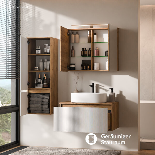 ARISA Badmöbel Set inkl. Hochschrank in Weiß Geriffelt - Mit Spiegelschrank "ARIA" und weißem Keramik-Aufsatzwaschbecken 55 cm