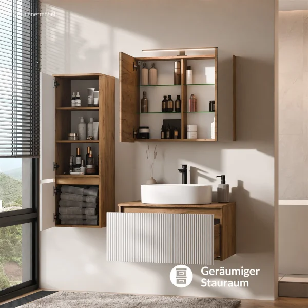ARISA Badmöbel Set inkl. Hochschrank in Weiß Geriffelt - Mit Spiegelschrank "ARIA" und weißem Keramik-Aufsatzwaschbecken 55 cm