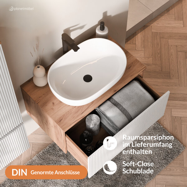 ARISA Badmöbel Set inkl. Hochschrank in Weiß Geriffelt - Mit Spiegelschrank "ARIA" und weißem Keramik-Aufsatzwaschbecken 55 cm