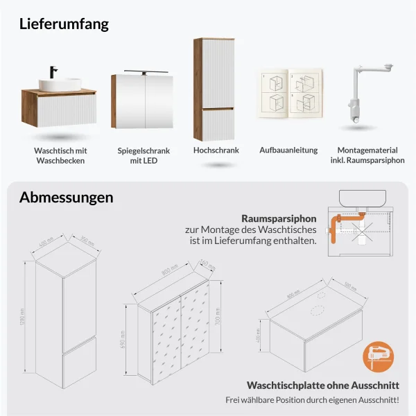 ARISA Badmöbel Set inkl. Hochschrank in Weiß Geriffelt - Mit Spiegelschrank "ARIA" und weißem Keramik-Aufsatzwaschbecken 55 cm