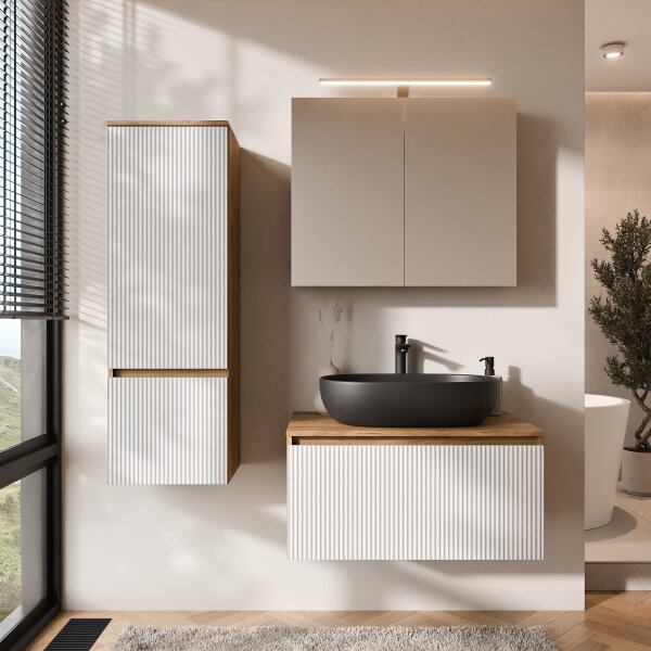 ARISA Badmöbel Set inkl. Hochschrank in Weiß Geriffelt - Mit Spiegelschrank "ARIA" und schwarzem Keramik-Aufsatzwaschbecken 60 cm