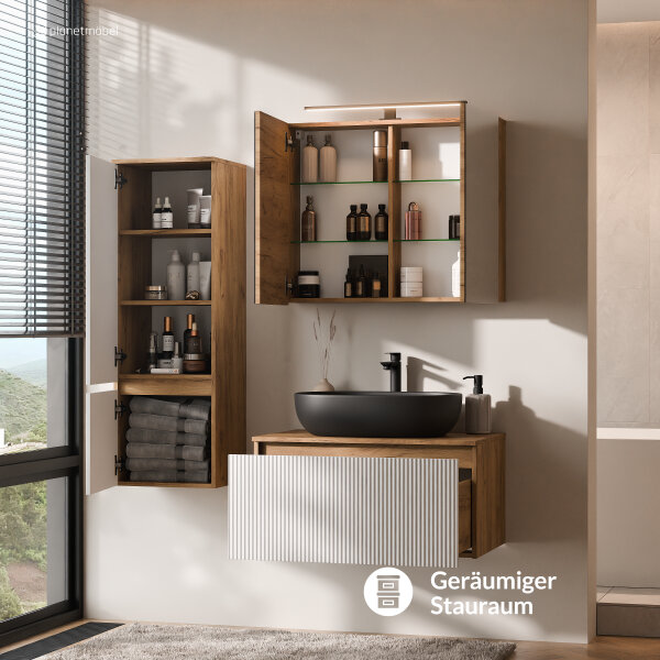 ARISA Badmöbel Set inkl. Hochschrank in Weiß Geriffelt - Mit Spiegelschrank "ARIA" und schwarzem Keramik-Aufsatzwaschbecken 60 cm