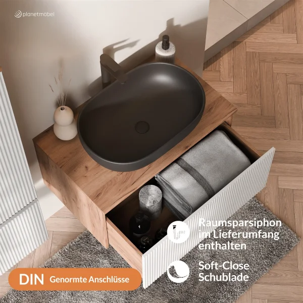 ARISA Badmöbel Set inkl. Hochschrank in Weiß Geriffelt - Mit Spiegelschrank "ARIA" und schwarzem Keramik-Aufsatzwaschbecken 60 cm