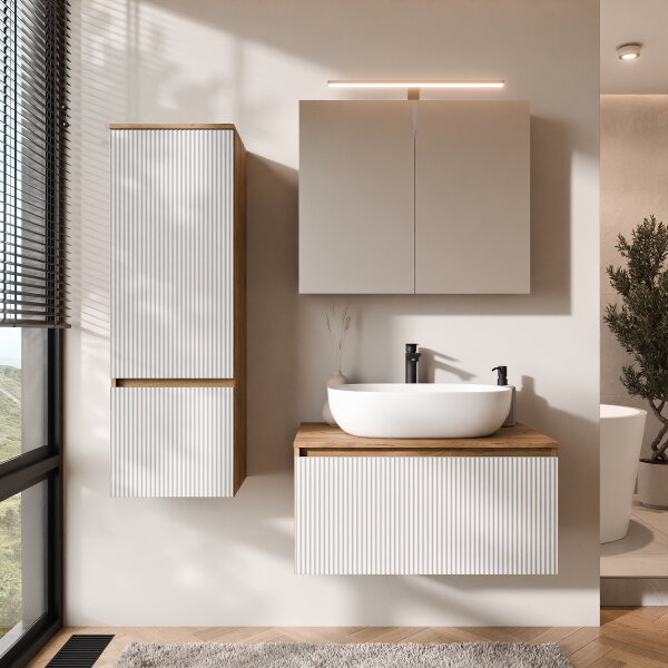 ARISA Badmöbel Set inkl. Hochschrank in Weiß Geriffelt - Mit Spiegelschrank "ARIA" und weißem Keramik-Aufsatzwaschbecken 60 cm