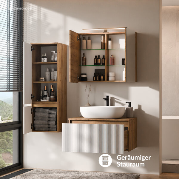 ARISA Badmöbel Set inkl. Hochschrank in Weiß Geriffelt - Mit Spiegelschrank "ARIA" und weißem Keramik-Aufsatzwaschbecken 60 cm