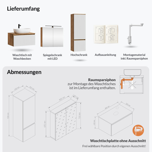 ARISA Badmöbel Set inkl. Hochschrank in Weiß Geriffelt - Mit Spiegelschrank "ARIA" und weißem Keramik-Aufsatzwaschbecken 60 cm