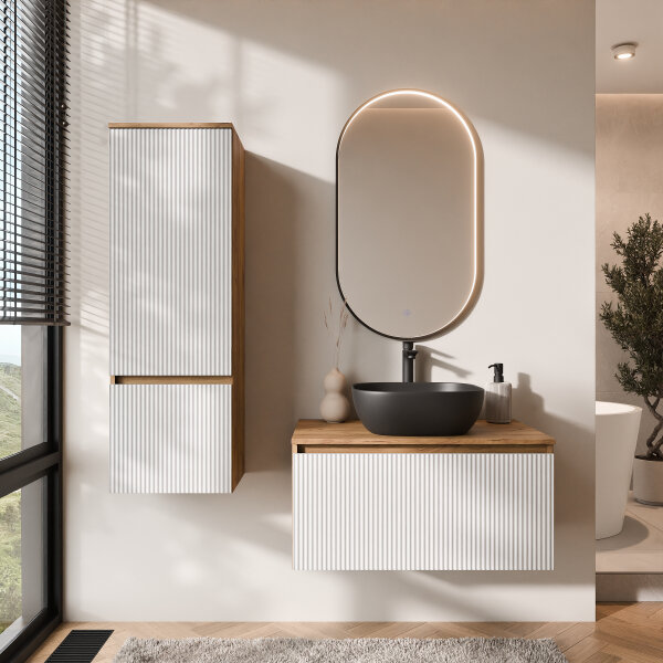 ARISA Badmöbel Set inkl. Hochschrank in Weiß Geriffelt - mit "Glora" LED Spiegel und schwarzem Keramik-Aufsatzwaschbecken 42 cm