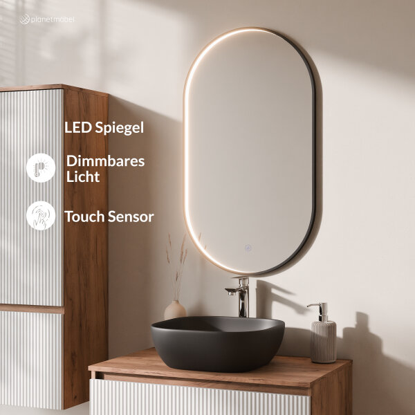 ARISA Badmöbel Set inkl. Hochschrank in Weiß Geriffelt - mit "Glora" LED Spiegel und schwarzem Keramik-Aufsatzwaschbecken 42 cm